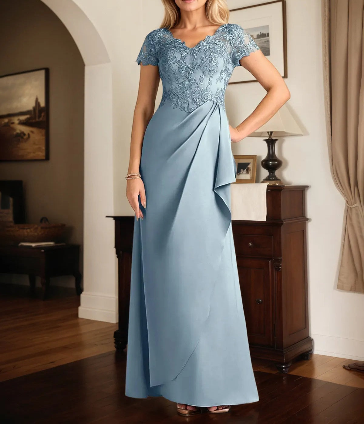 A Line Satin V Neck Short Sleeve Floor Length Dress With Appliques