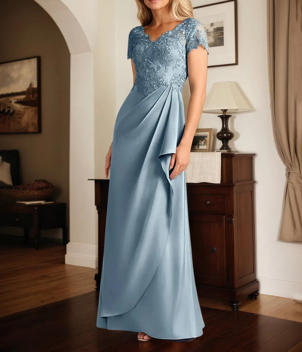 A Line Satin V Neck Short Sleeve Floor Length Dress With Appliques