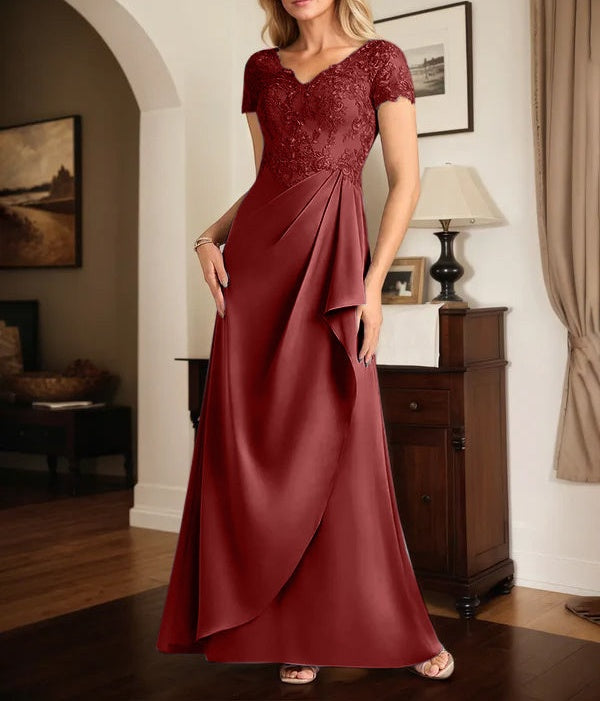 A Line Satin V Neck Short Sleeve Floor Length Dress With Appliques