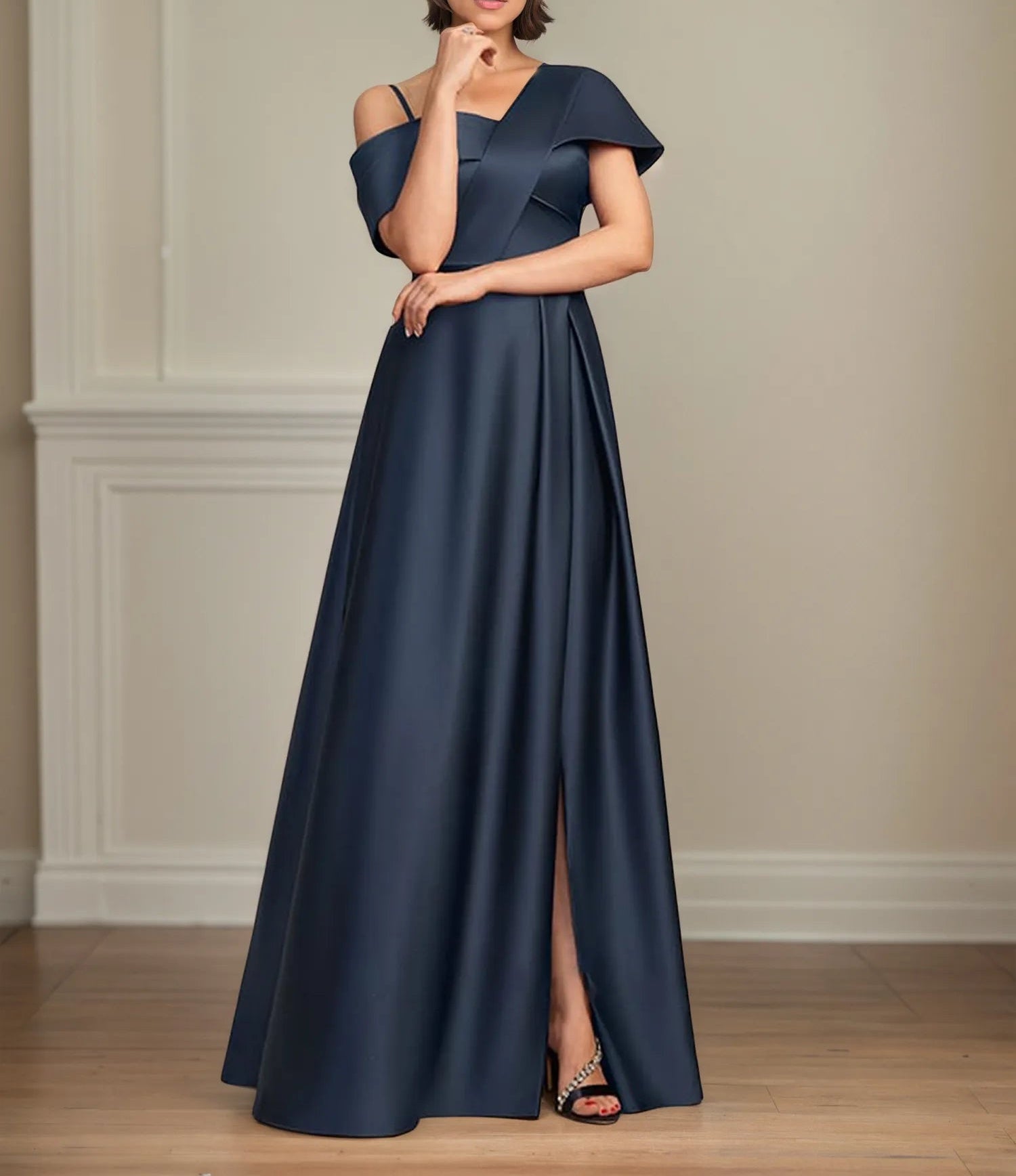 A Line Asymmetrical Floor-Length Satin Mother of the Bride Dress With Pleated
