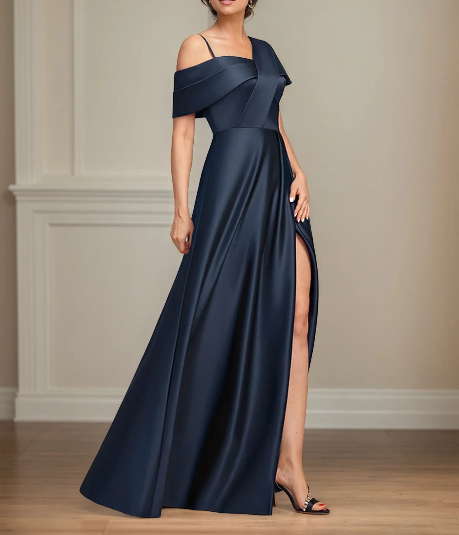 A Line Asymmetrical Floor-Length Satin Mother of the Bride Dress With Pleated