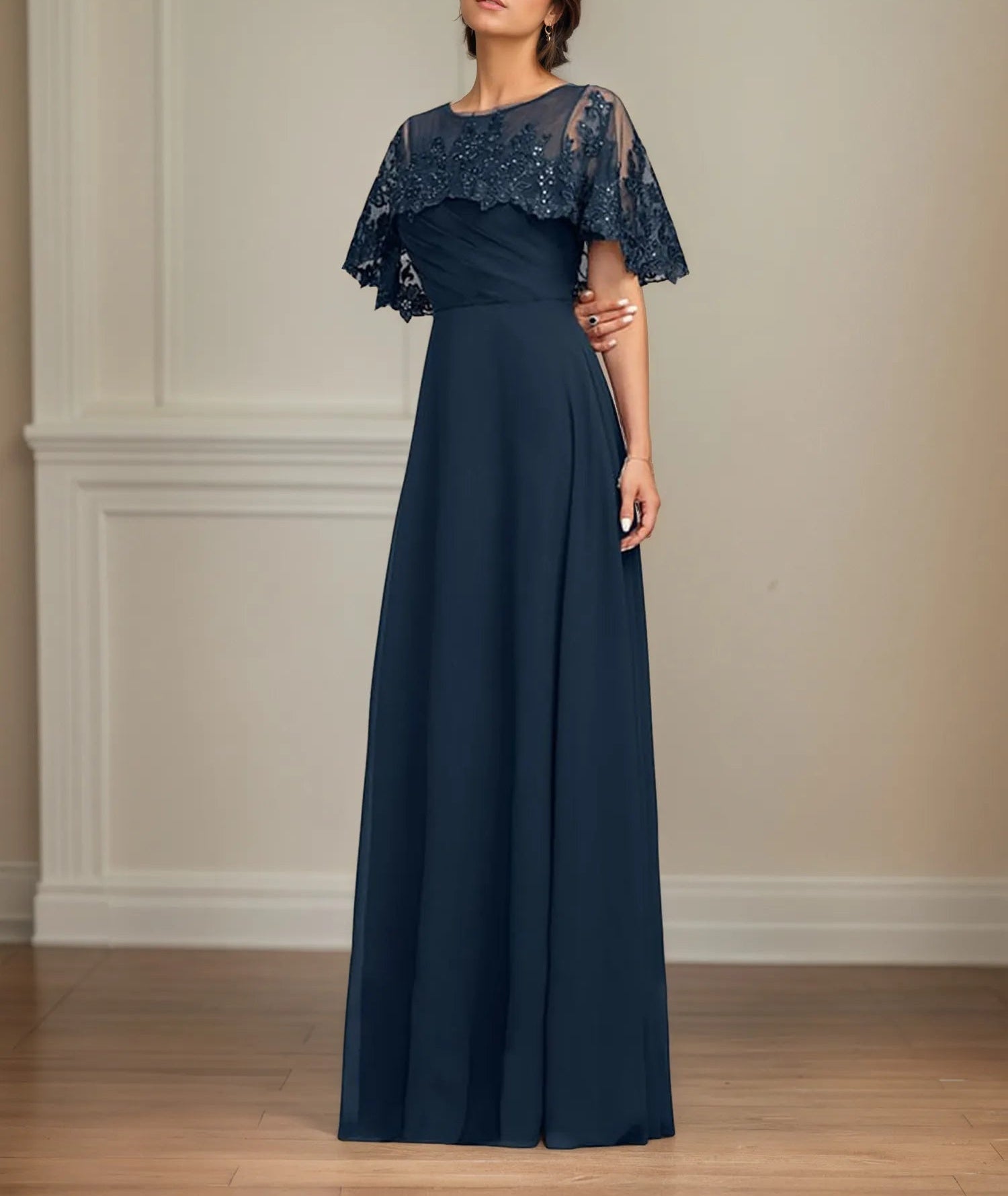 A Line Scoop Floor Length Chiffon Mother of the Bride Dress With Pleated Sequins