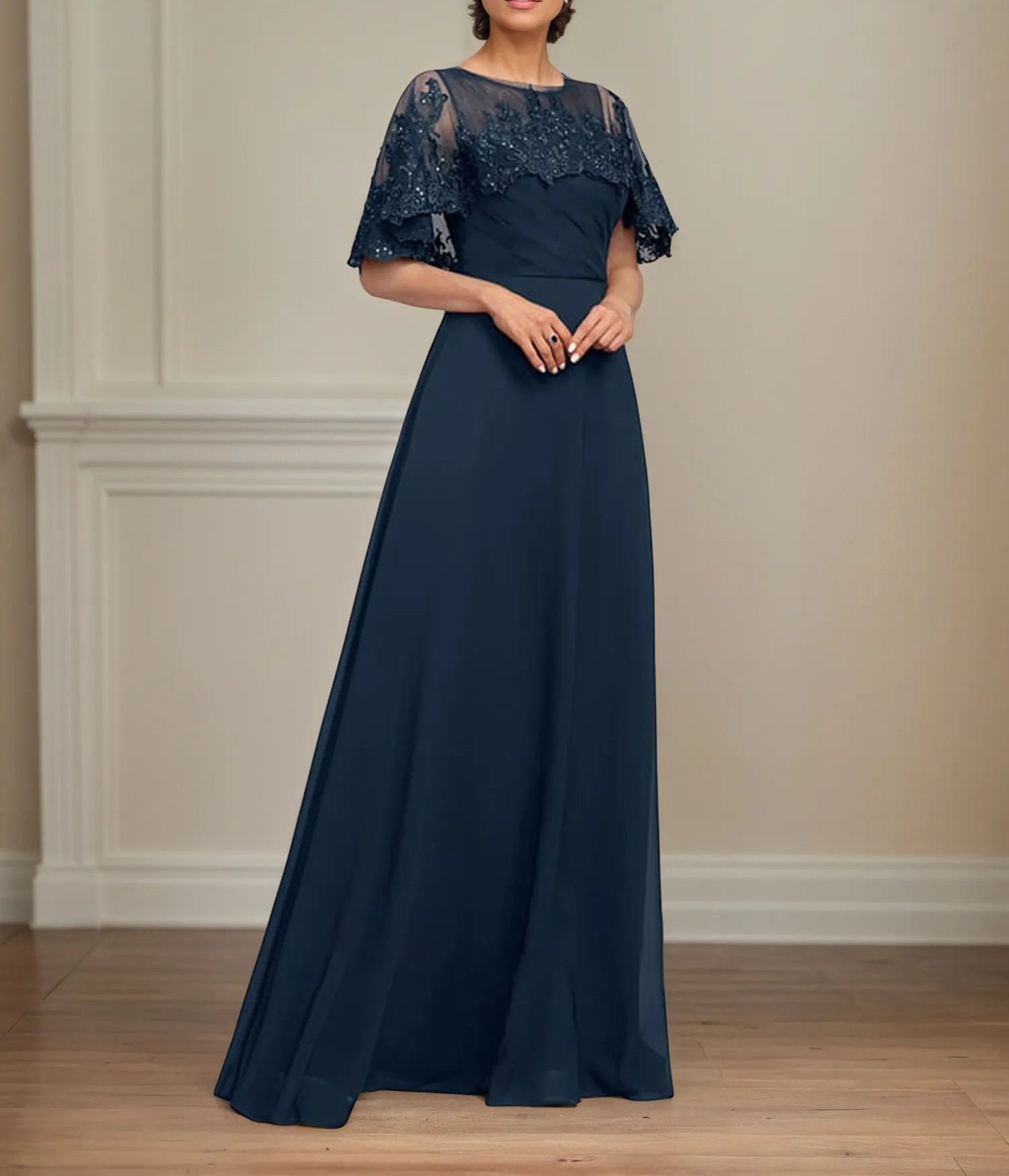 A Line Scoop Floor Length Chiffon Mother of the Bride Dress With Pleated Sequins