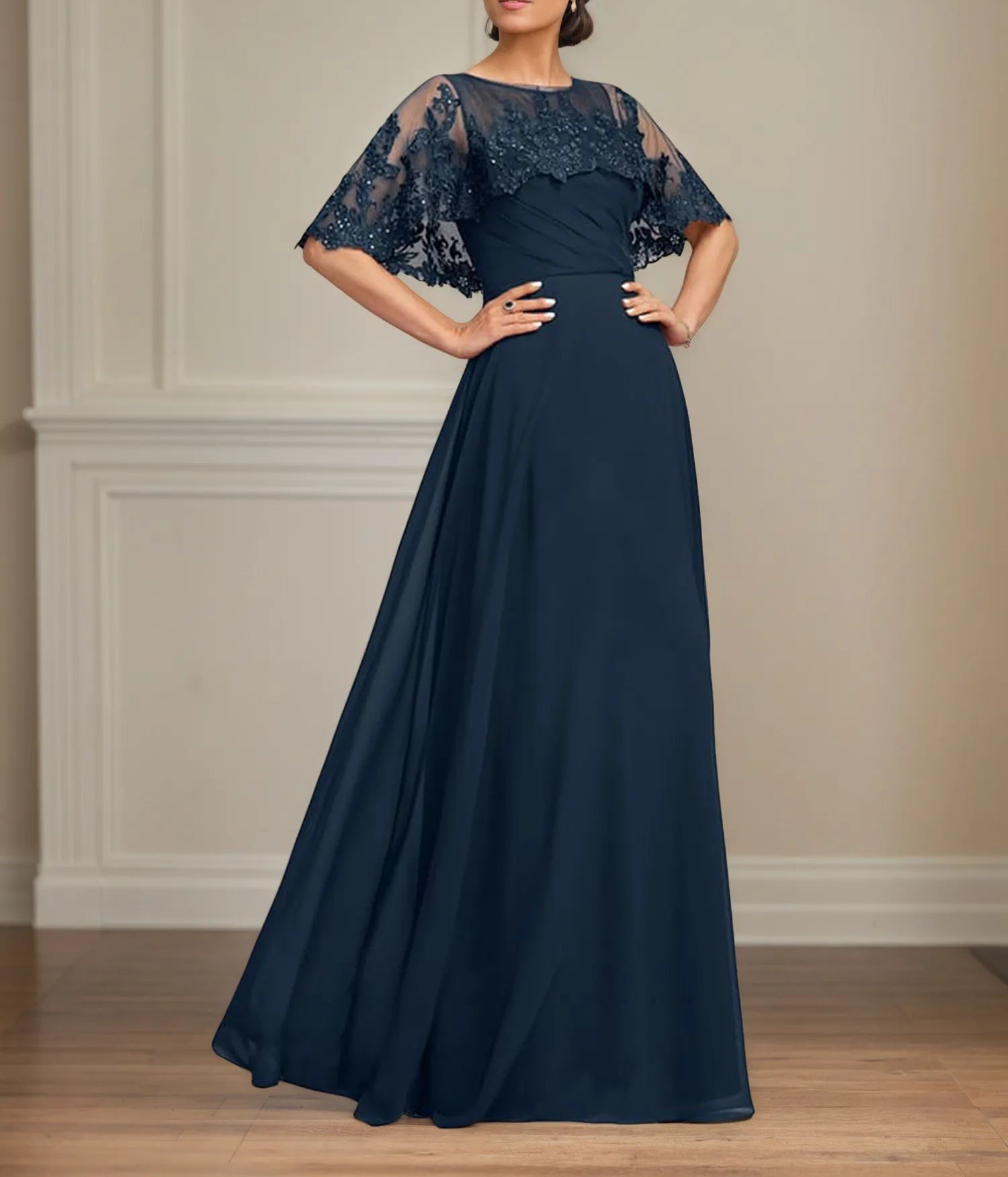 A Line Scoop Floor Length Chiffon Mother of the Bride Dress With Pleated Sequins