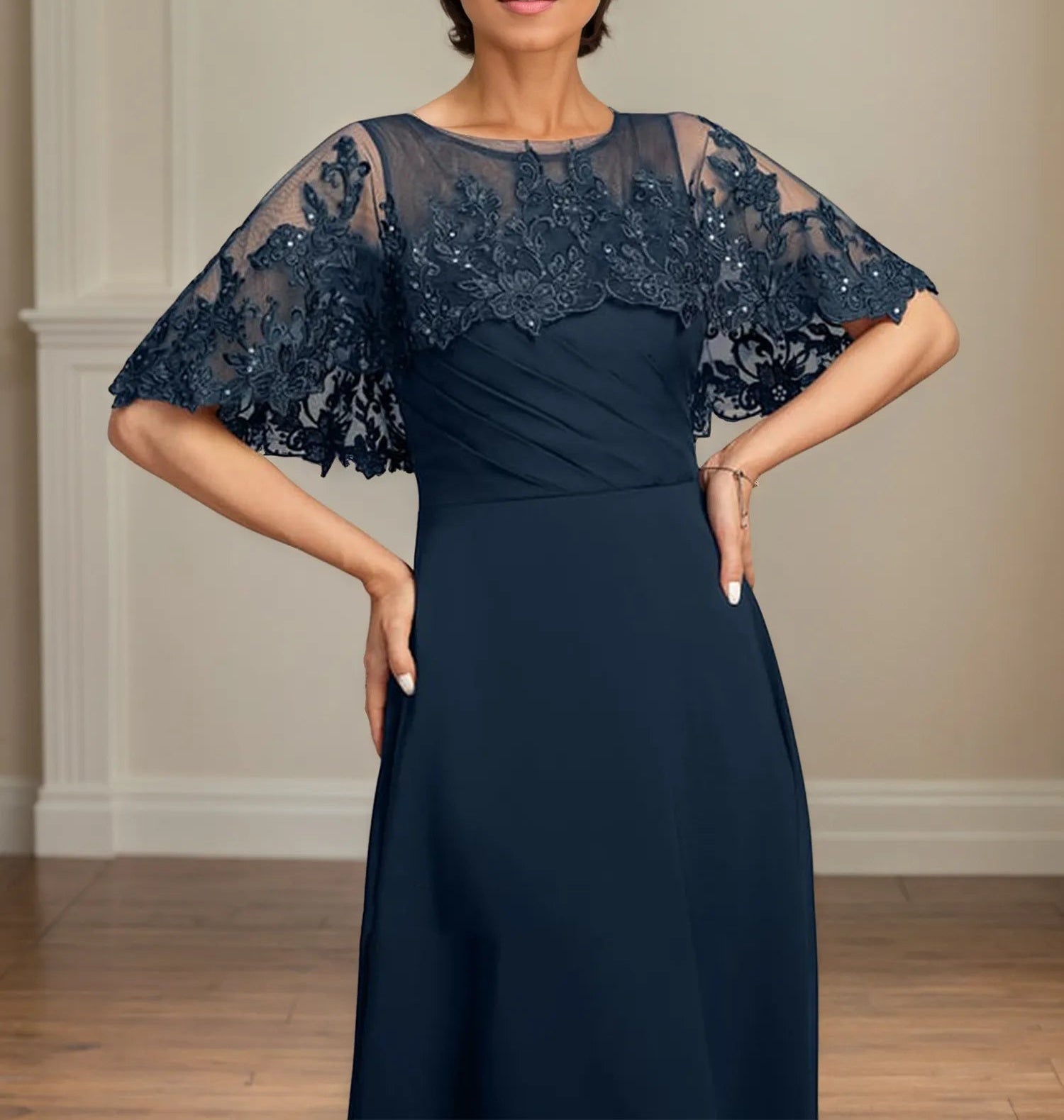 A Line Scoop Floor Length Chiffon Mother of the Bride Dress With Pleated Sequins