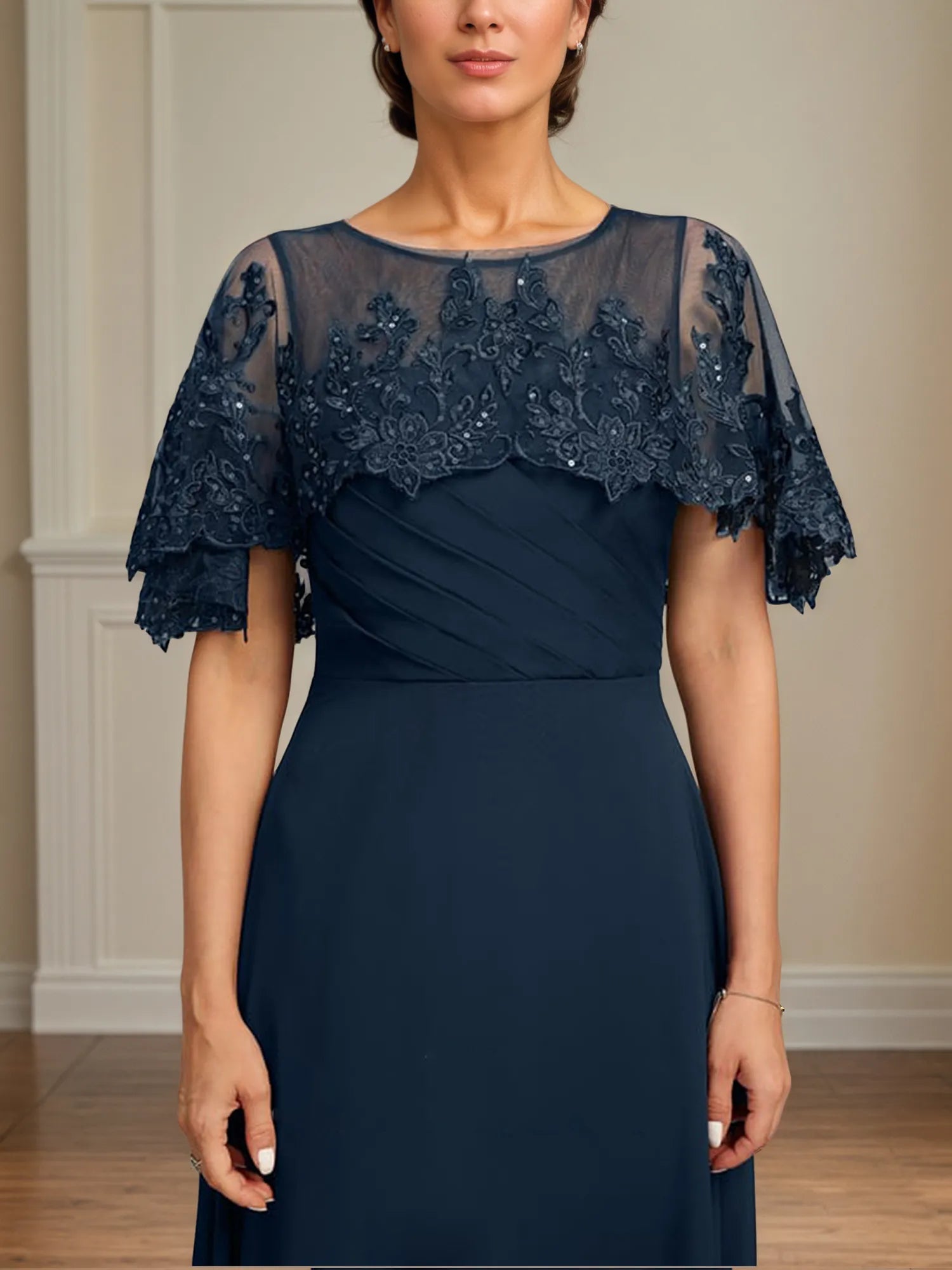 A Line Scoop Floor Length Chiffon Mother of the Bride Dress With Pleated Sequins