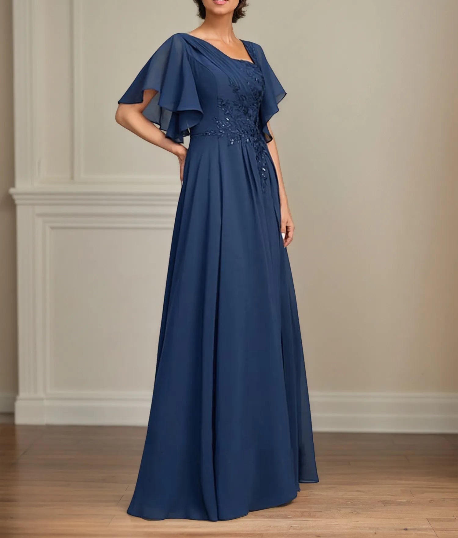 A Line Asymmetrical Floor Length Lace Chiffon Mother of the Bride Dress With Pleated Sequins