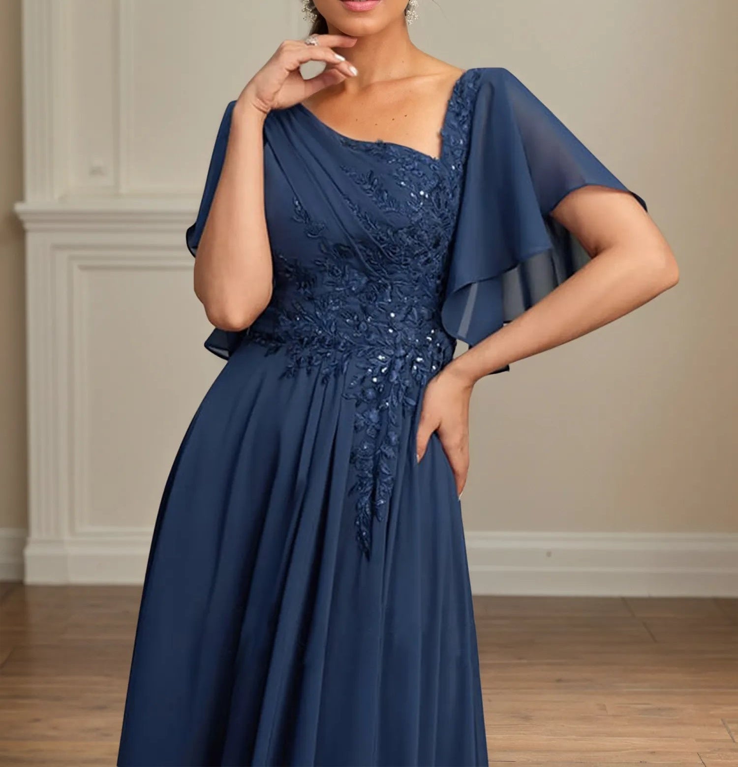 A Line Asymmetrical Floor Length Lace Chiffon Mother of the Bride Dress With Pleated Sequins