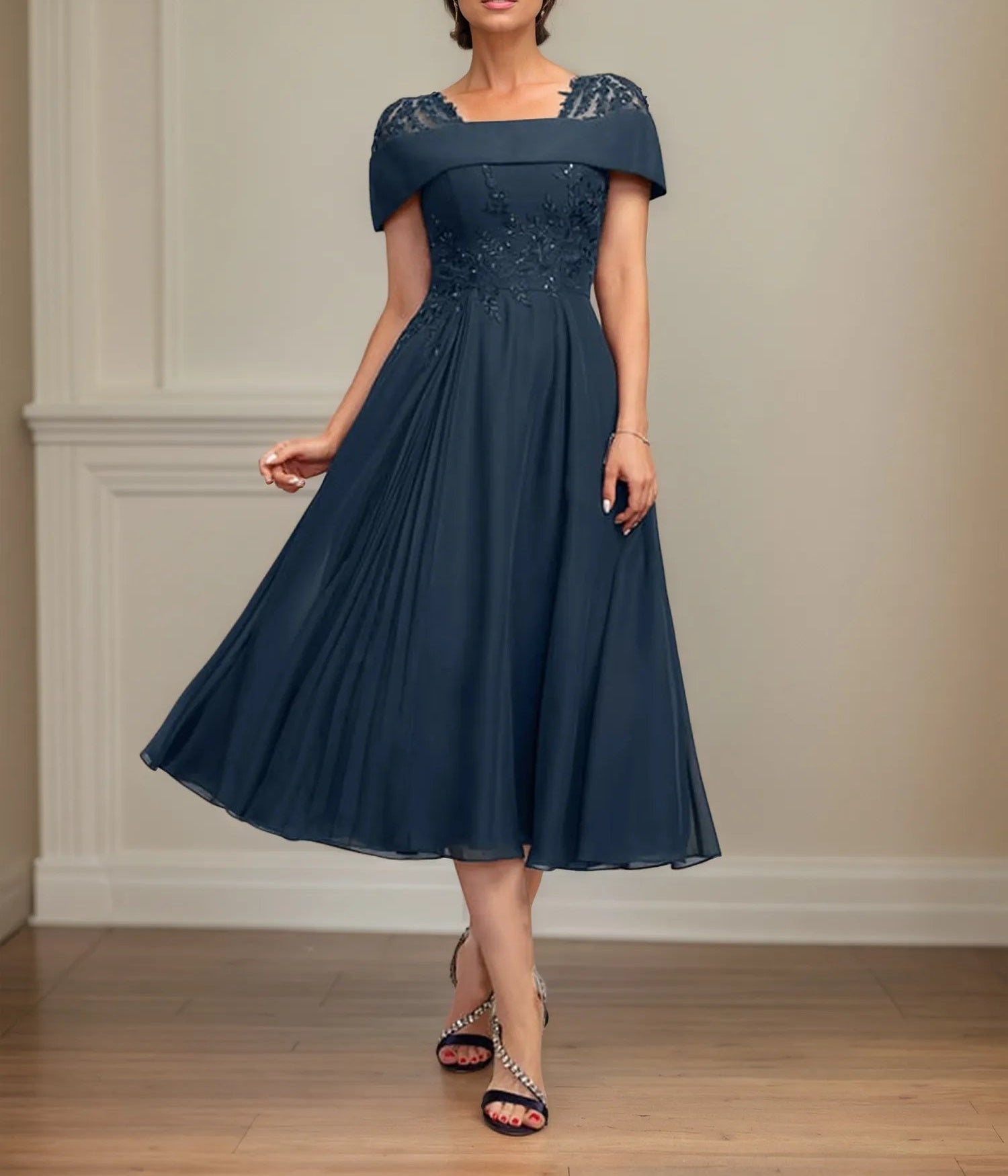 A Line Square Neck Tea Length Chiffon Mother of the Bride Dress With Pleated Sequins