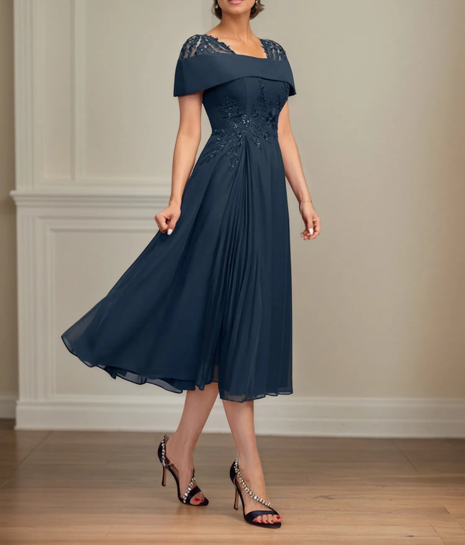 A Line Square Neck Tea Length Chiffon Mother of the Bride Dress With Pleated Sequins