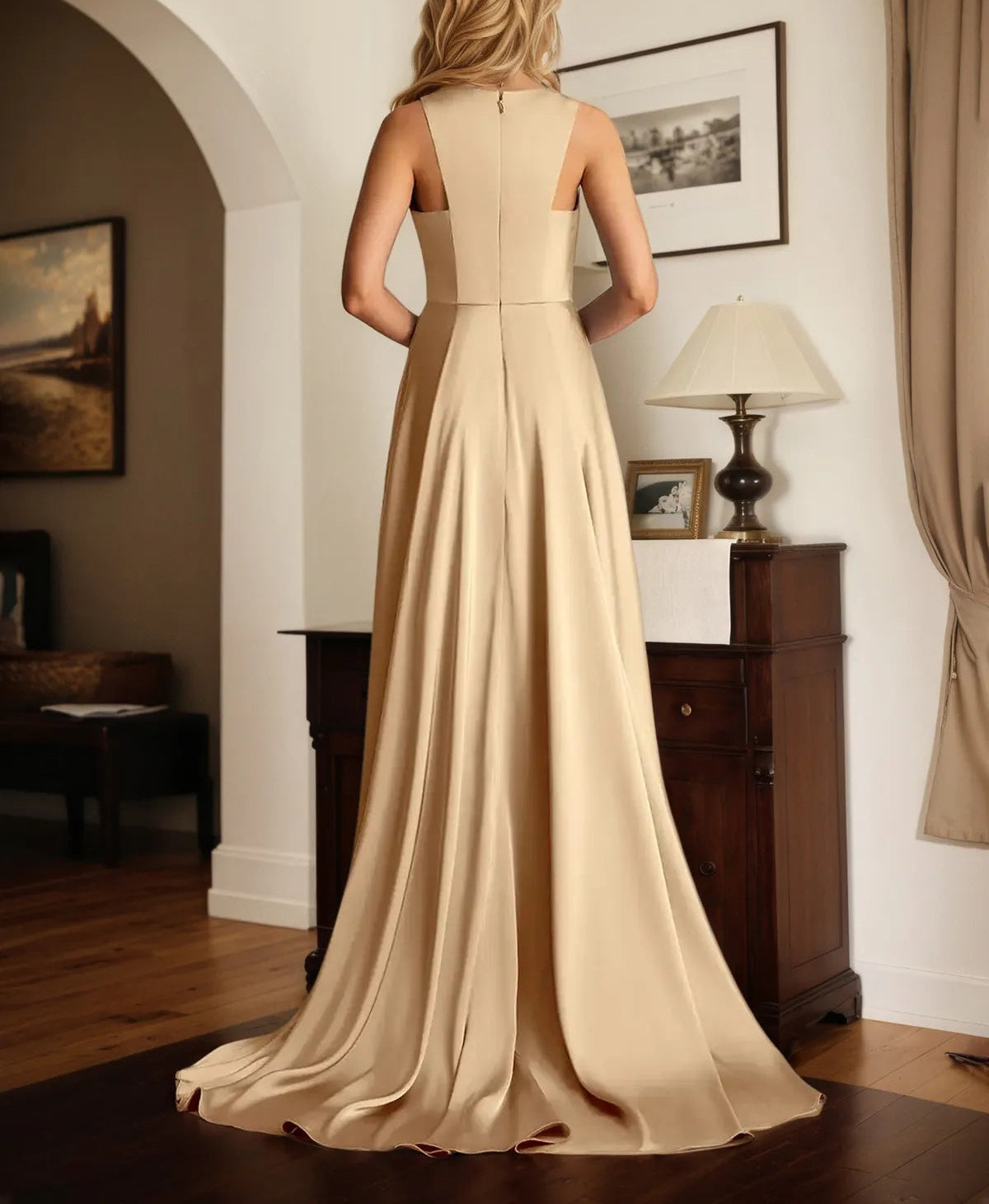 A Line Satin Scoop Neck Sleeveless asymmetrical Dress