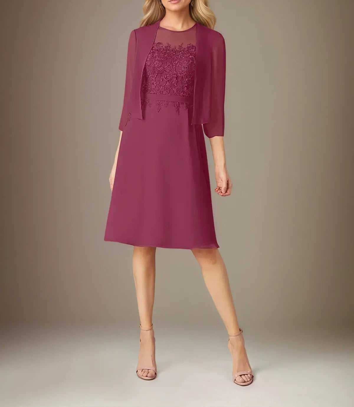 A Line Chiffon Scoop Neck 3/4 Sleeves Knee Length Dress