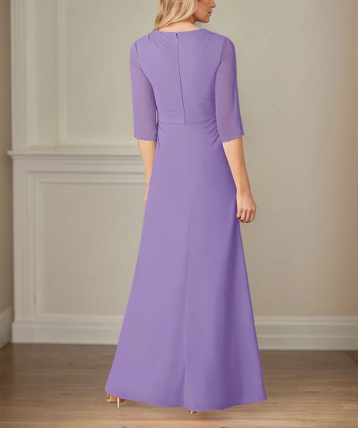 A Line Chiffon V Neck 3/4 Sleeves Floor Length Dress