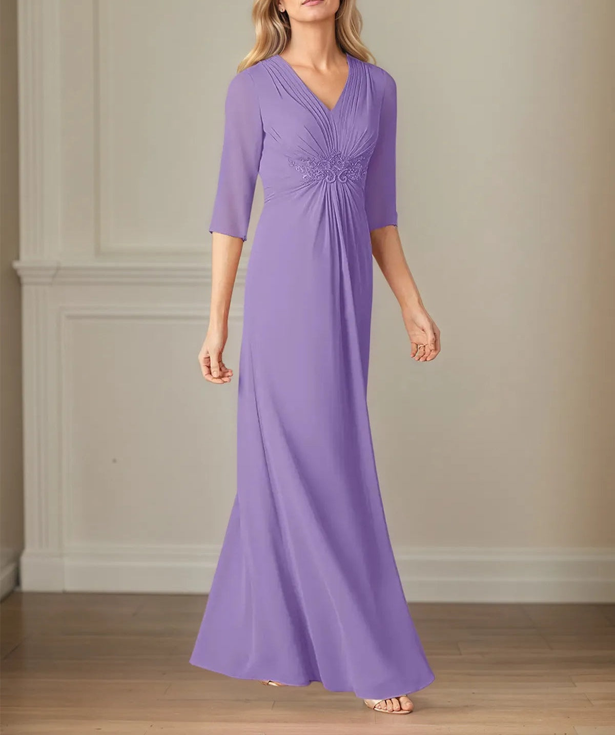 A Line Chiffon V Neck 3/4 Sleeves Floor Length Dress
