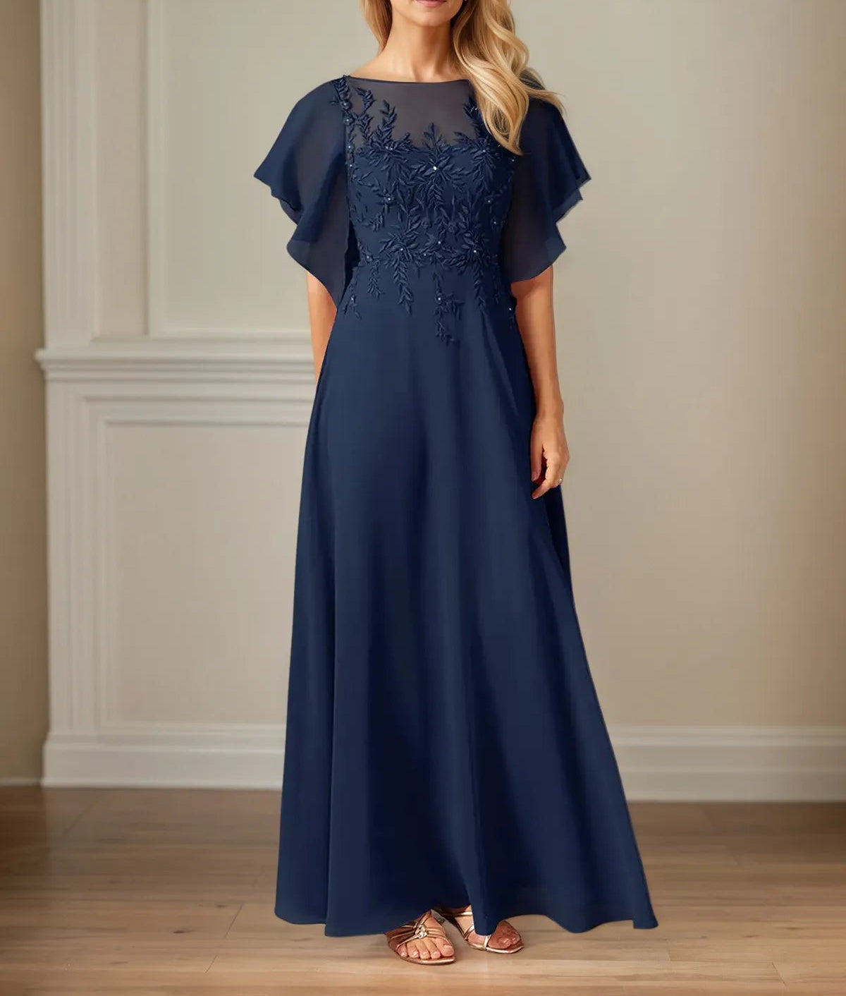 A Line Chiffon Boat Neck Flutter Sleeve Floor Length Dress