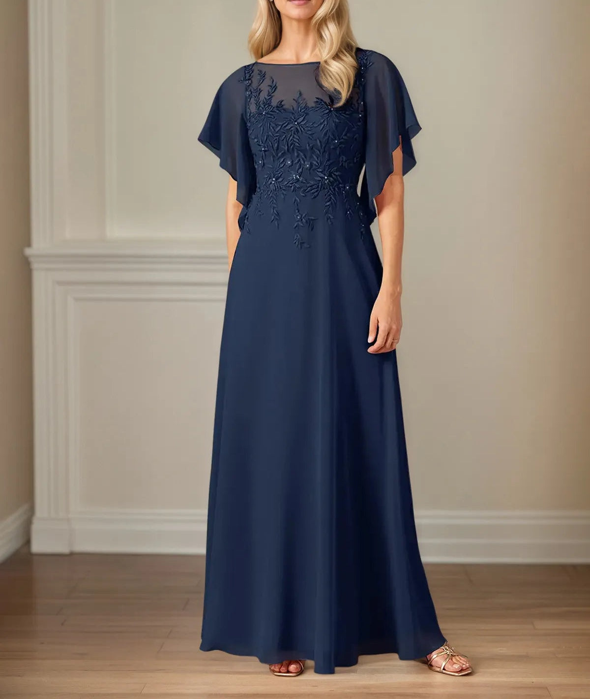 A Line Chiffon Boat Neck Flutter Sleeve Floor Length Dress