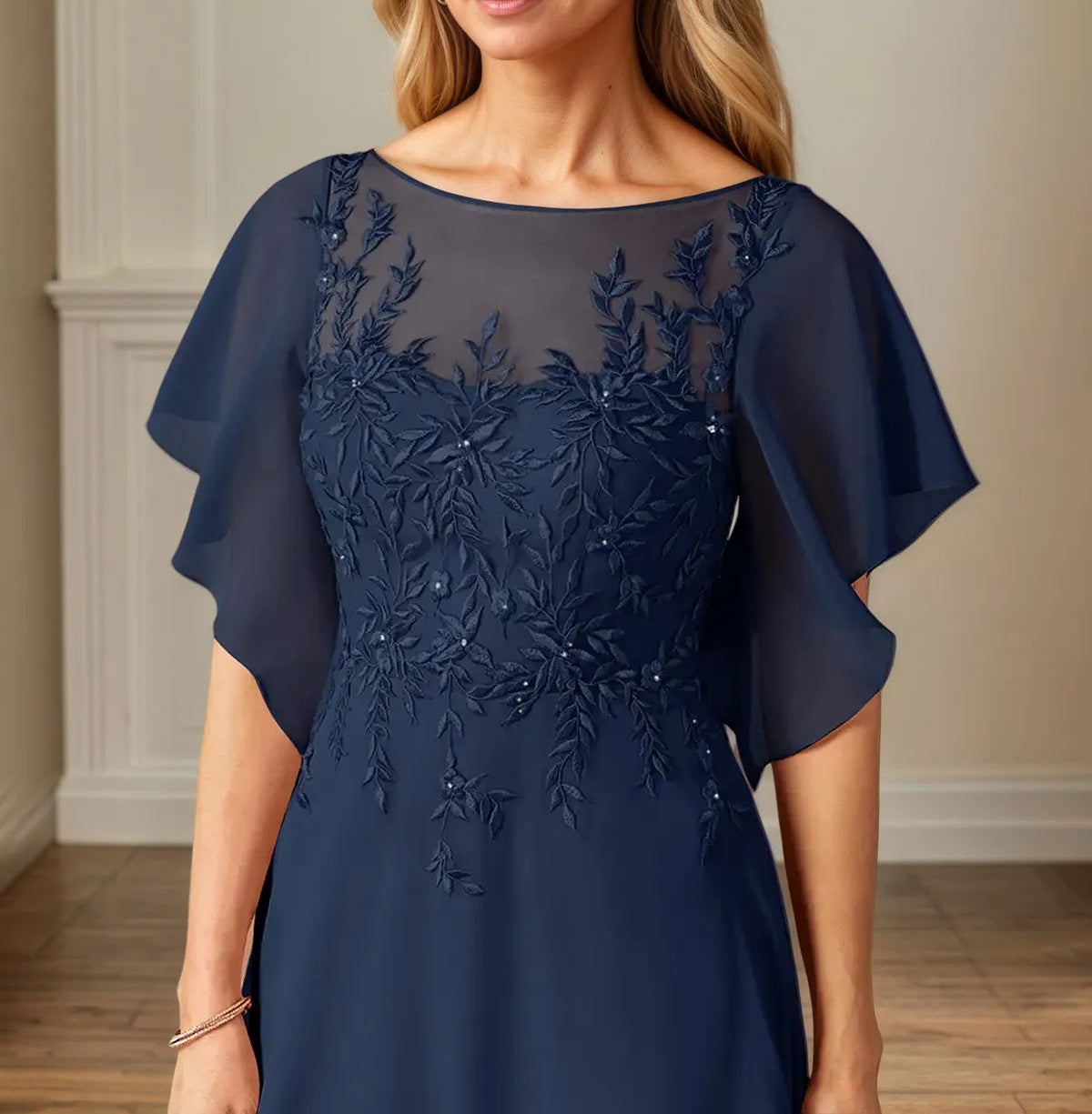 A Line Chiffon Boat Neck Flutter Sleeve Floor Length Dress