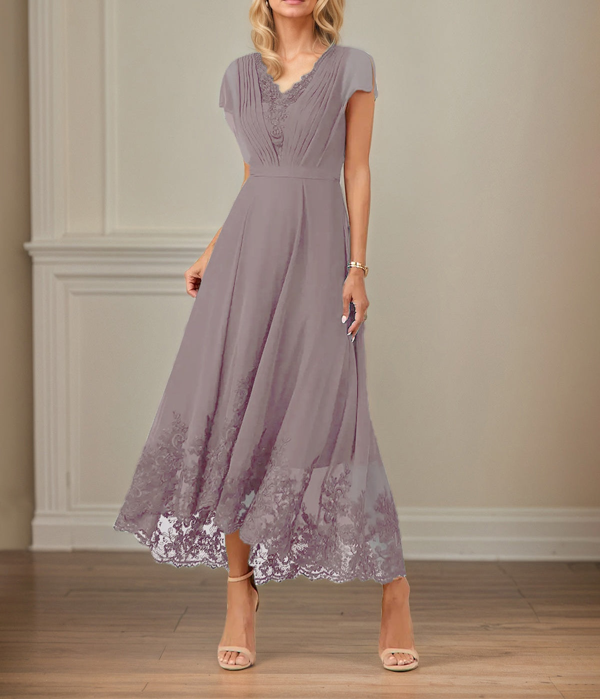 A Line V Neck Flutter Sleeve Ankle Length Chiffon Dress With Appliques