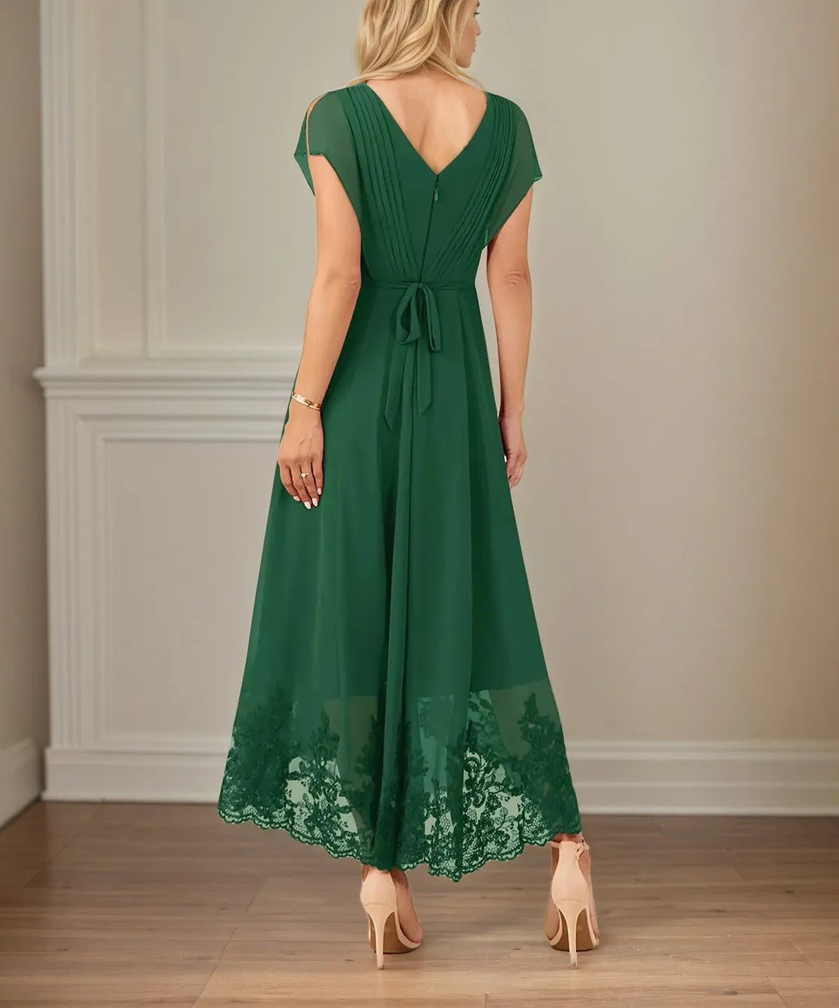 A Line V Neck Flutter Sleeve Ankle Length Chiffon Dress With Appliques
