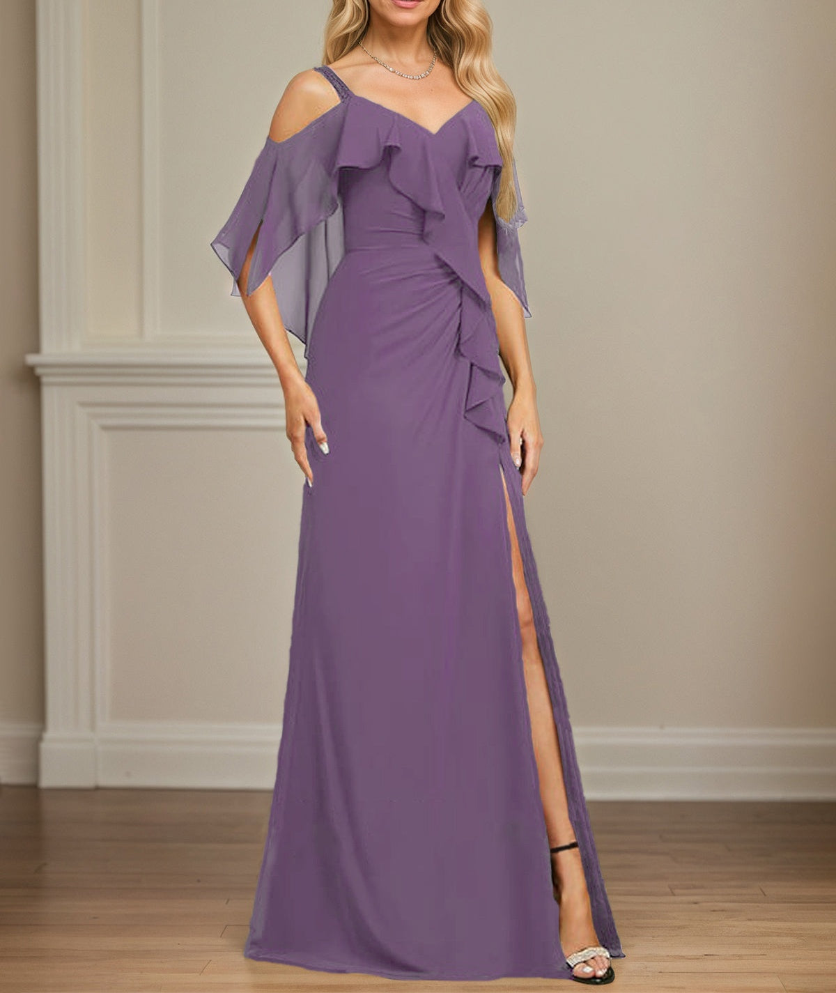 Sheath/Column Cold Shoulder V-Neck Floor-Length Chiffon Dress With Cascading Ruffles Sequins Beading