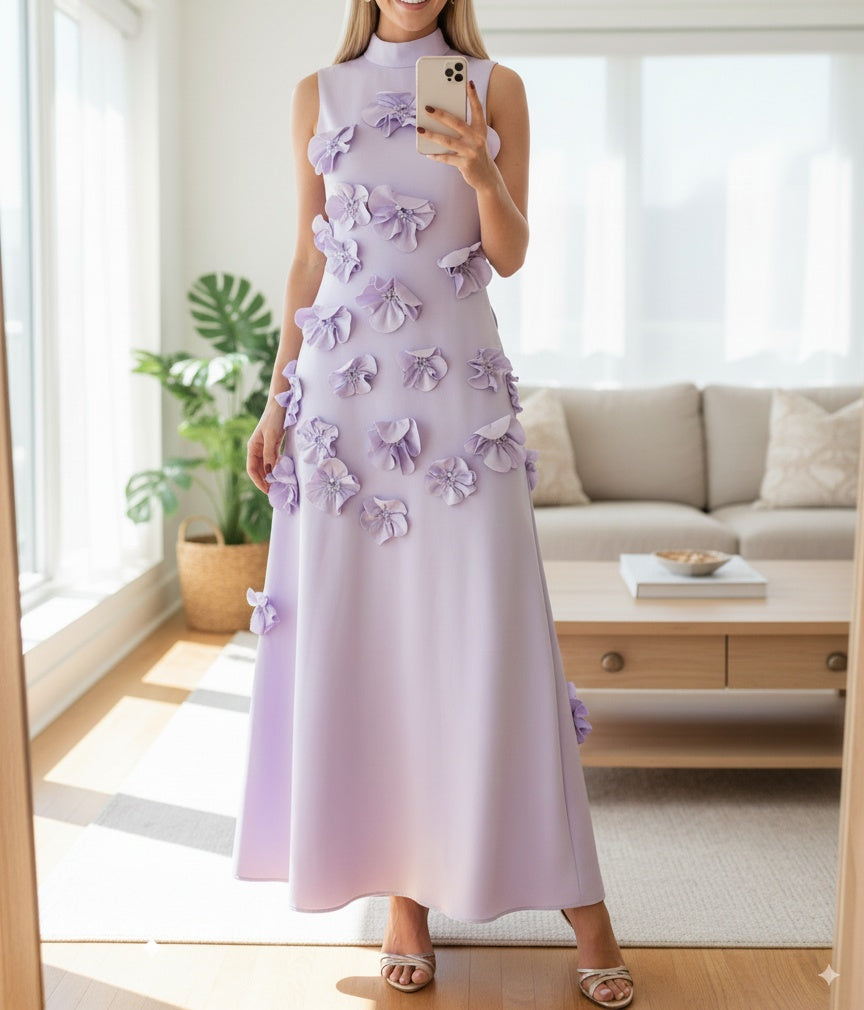 A Line High Neck Sleeveless Floor Length Stretch Crepe Dress With 3D Flowers