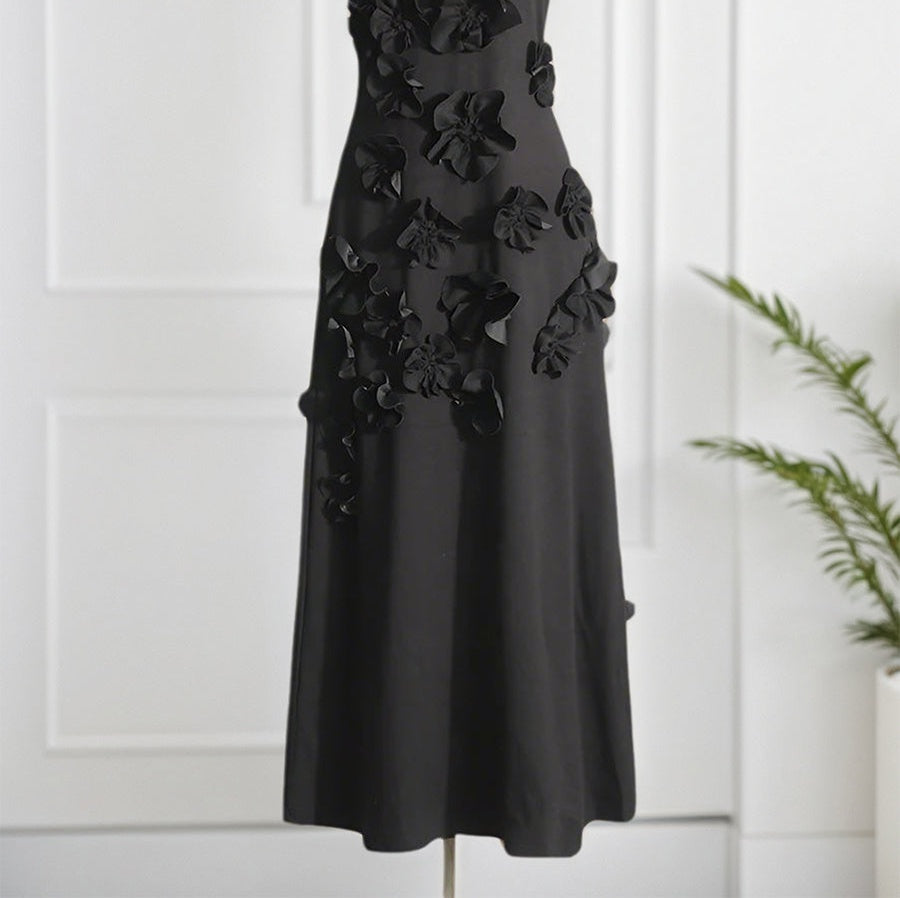 A Line High Neck Sleeveless Floor Length Stretch Crepe Dress With 3D Flowers