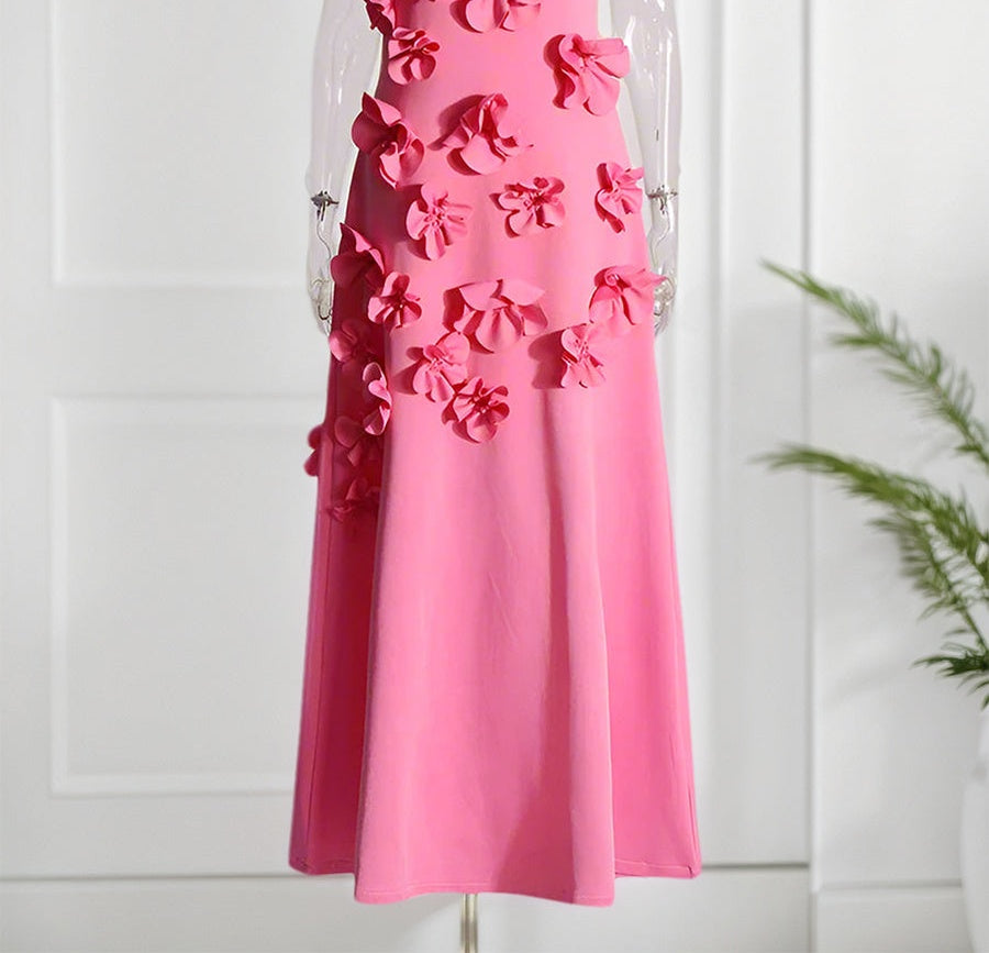 A Line High Neck Sleeveless Floor Length Stretch Crepe Dress With 3D Flowers