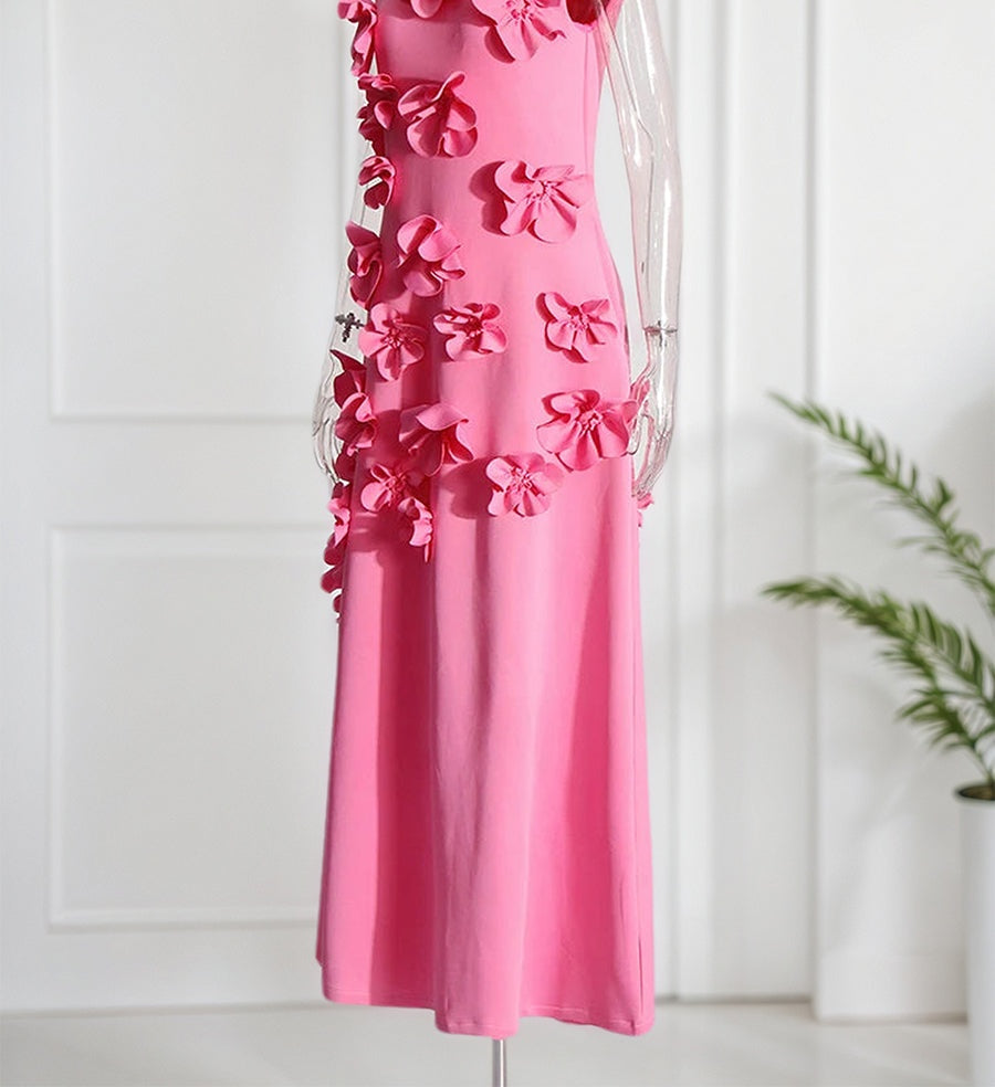 A Line High Neck Sleeveless Floor Length Stretch Crepe Dress With 3D Flowers