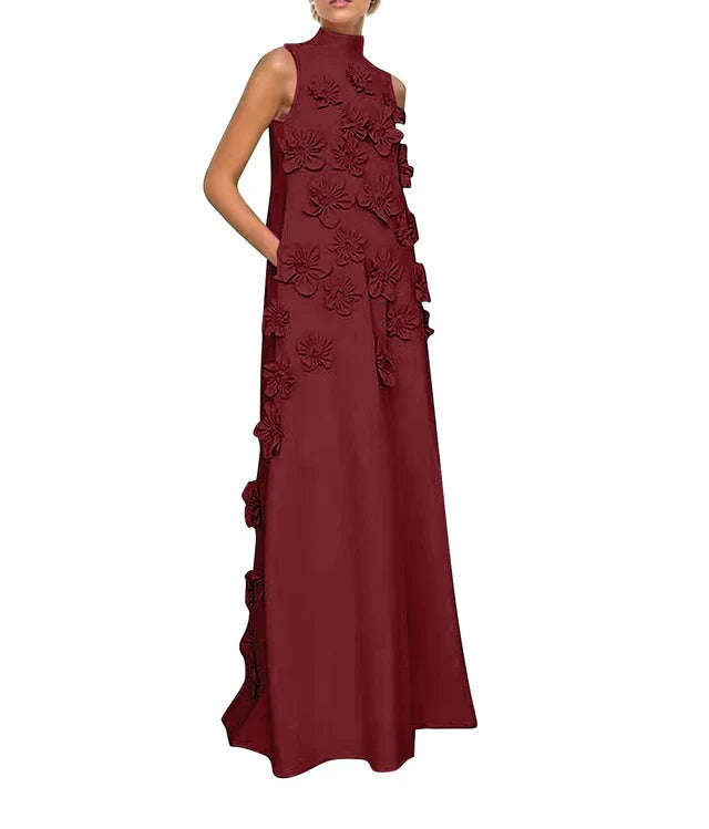 A Line High Neck Sleeveless Floor Length Stretch Crepe Dress With 3D Flowers