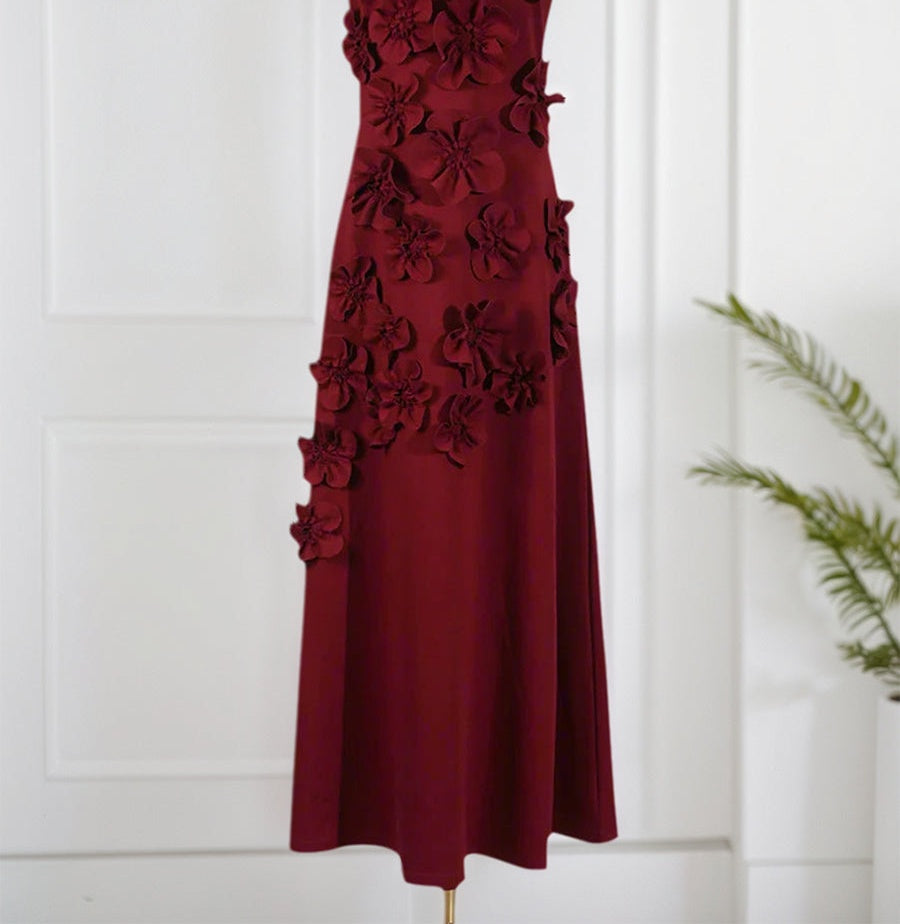 A Line High Neck Sleeveless Floor Length Stretch Crepe Dress With 3D Flowers