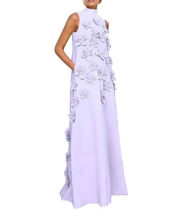 A Line High Neck Sleeveless Floor Length Stretch Crepe Dress With 3D Flowers