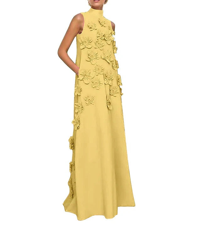 A Line High Neck Sleeveless Floor Length Stretch Crepe Dress With 3D Flowers