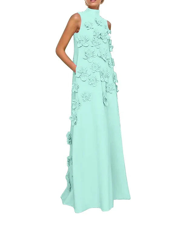 A Line High Neck Sleeveless Floor Length Stretch Crepe Dress With 3D Flowers