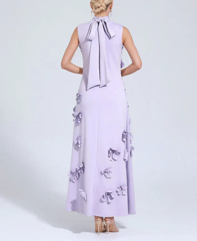 A Line High Neck Sleeveless Floor Length Stretch Crepe Dress With 3D Flowers