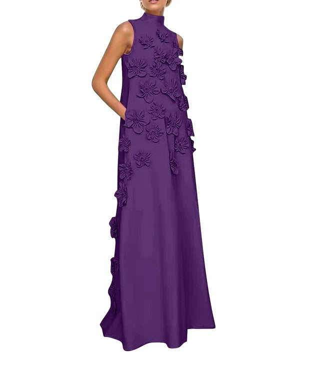 A Line High Neck Sleeveless Floor Length Stretch Crepe Dress With 3D Flowers