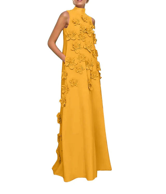 A Line High Neck Sleeveless Floor Length Stretch Crepe Dress With 3D Flowers