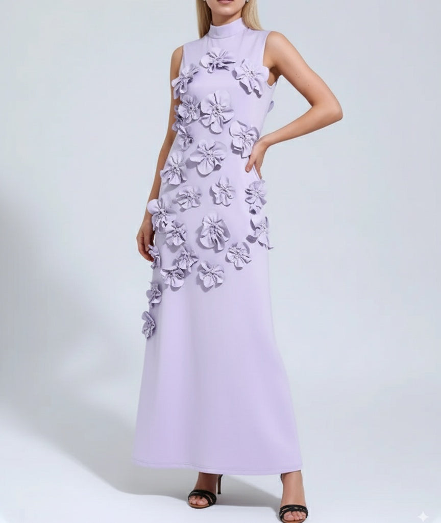 A Line High Neck Sleeveless Floor Length Stretch Crepe Dress With 3D Flowers