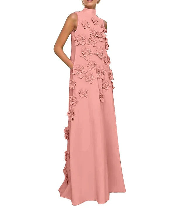 A Line High Neck Sleeveless Floor Length Stretch Crepe Dress With 3D Flowers