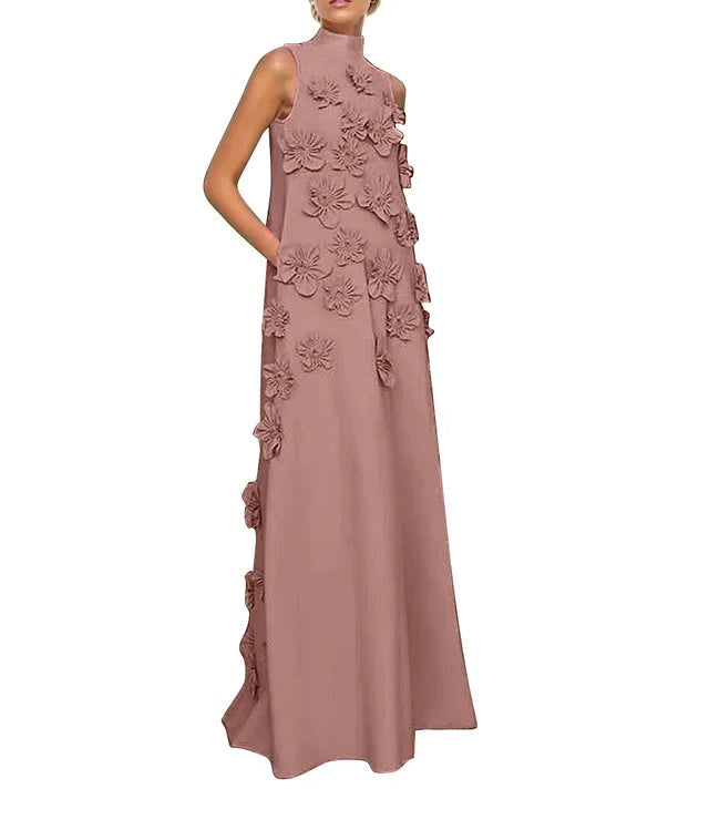 A Line High Neck Sleeveless Floor Length Stretch Crepe Dress With 3D Flowers