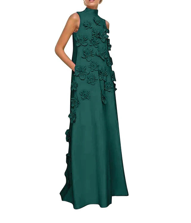 A Line High Neck Sleeveless Floor Length Stretch Crepe Dress With 3D Flowers
