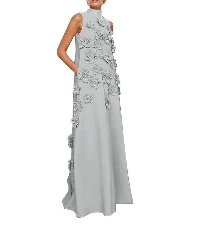 A Line High Neck Sleeveless Floor Length Stretch Crepe Dress With 3D Flowers