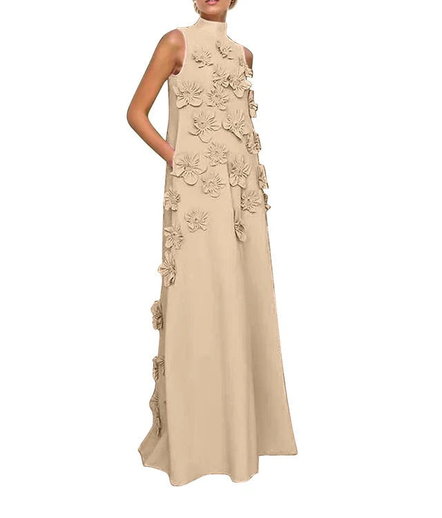 A Line High Neck Sleeveless Floor Length Stretch Crepe Dress With 3D Flowers