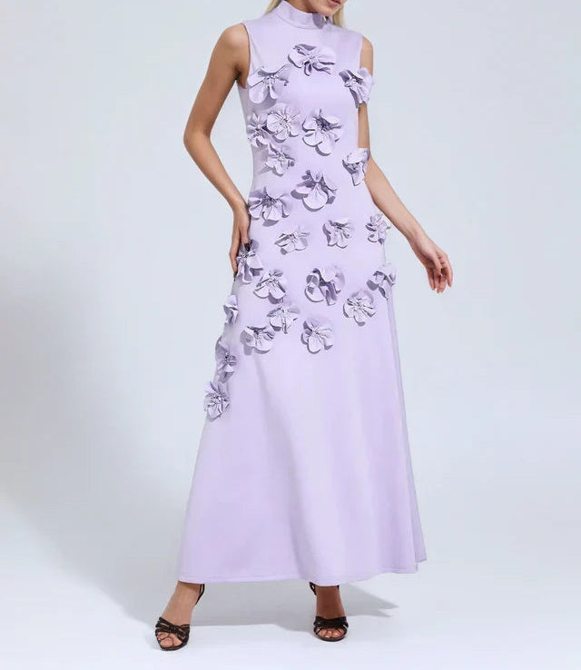 A Line High Neck Sleeveless Floor Length Stretch Crepe Dress With 3D Flowers