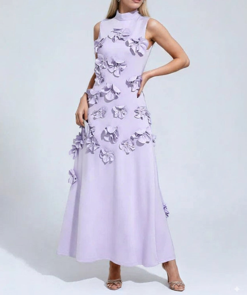 A Line High Neck Sleeveless Floor Length Stretch Crepe Dress With 3D Flowers