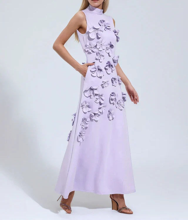 A Line High Neck Sleeveless Floor Length Stretch Crepe Dress With 3D Flowers