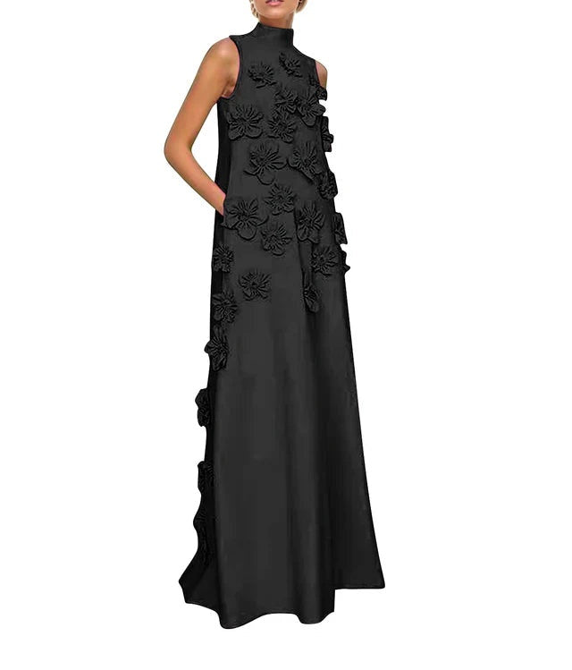 A Line High Neck Sleeveless Floor Length Stretch Crepe Dress With 3D Flowers