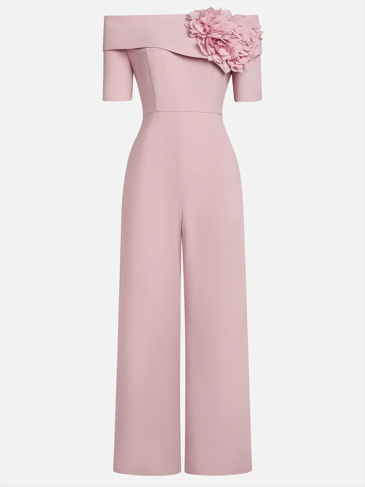 Women Pink 3D Floral Off The Shoulder Short Sleeve Dressy Jumpsuit