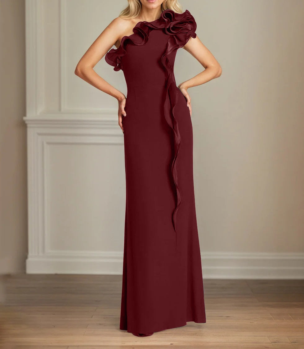 Navy Stretch Crepe Sheath/Column One Shoulder Floor Length Mother of the Bride Dresses With Ruffles