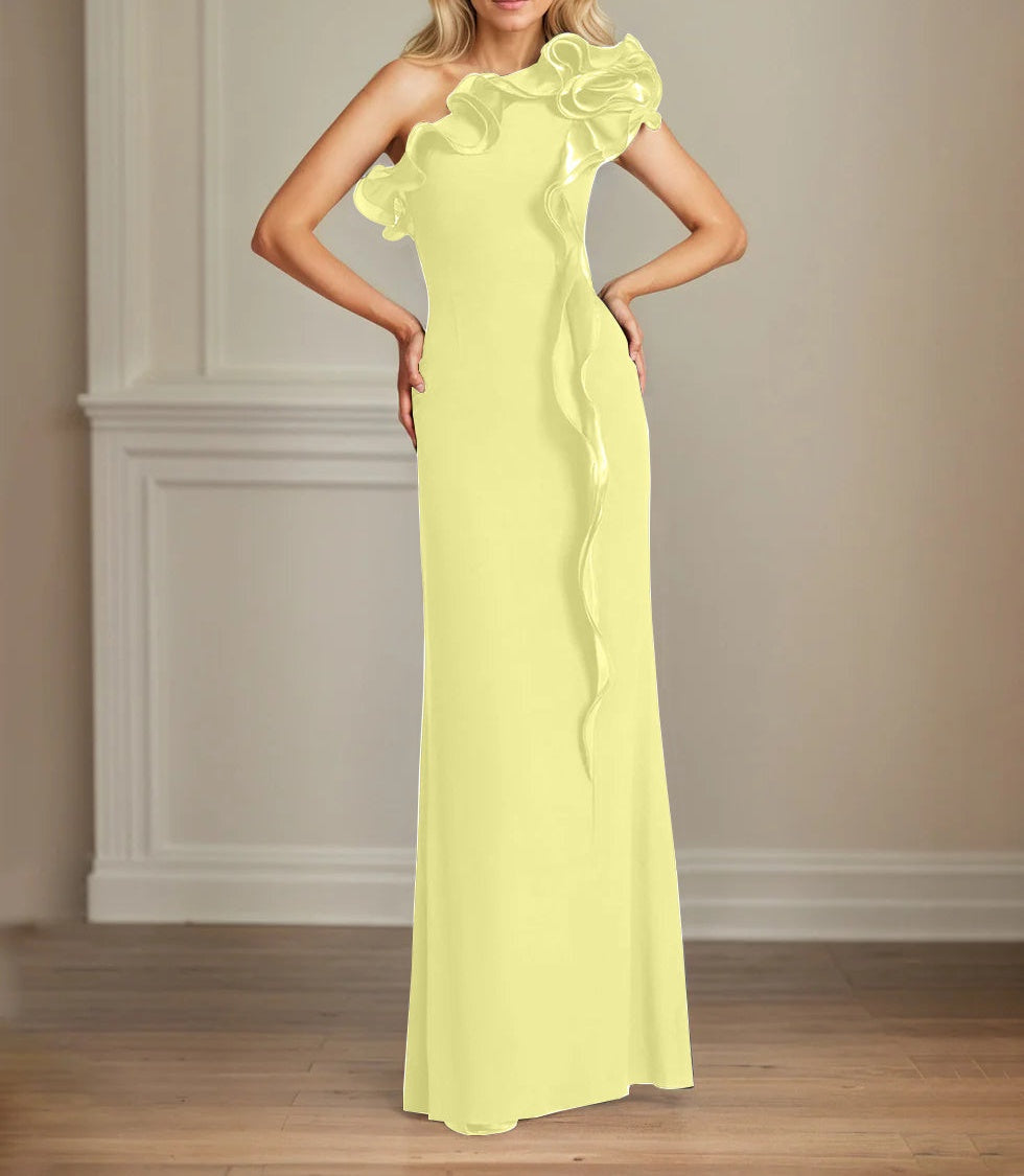 Navy Stretch Crepe Sheath/Column One Shoulder Floor Length Mother of the Bride Dresses With Ruffles