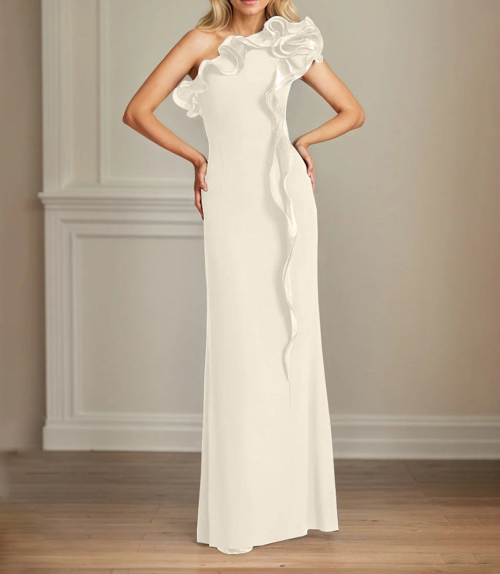 Navy Stretch Crepe Sheath/Column One Shoulder Floor Length Mother of the Bride Dresses With Ruffles